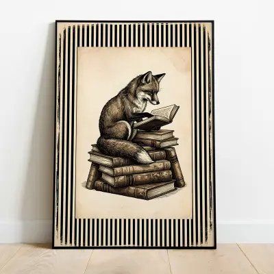 Vintage Ink Engraving Style Art Print Red Fox Reading Book on Antique Books