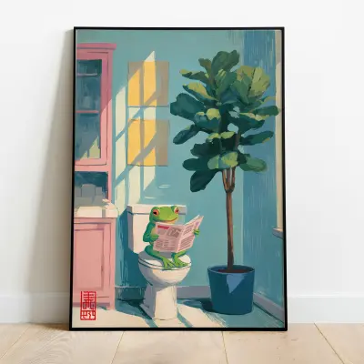 Frog on Toilet Art Print - Funny Bathroom Animal Art Decor