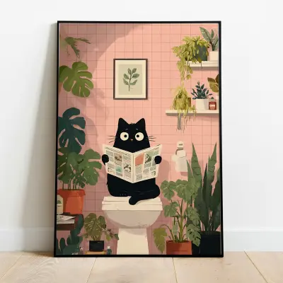 Funny Bathroom Poster Black Cat on Toilet Reading Newspaper Art Print