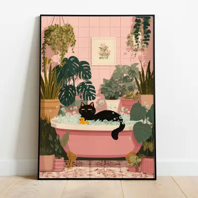Black Cat Soaking in Bubble Bath Tub Poster Bathroom Wall Art