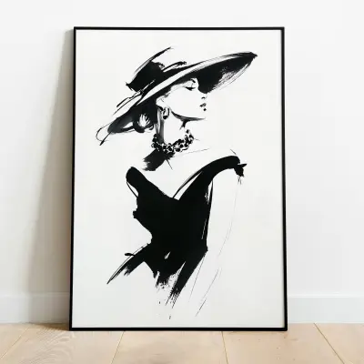 Minimalist Fashion Illustration Print Woman Hat Pearl Choker Black Ink Art Poster