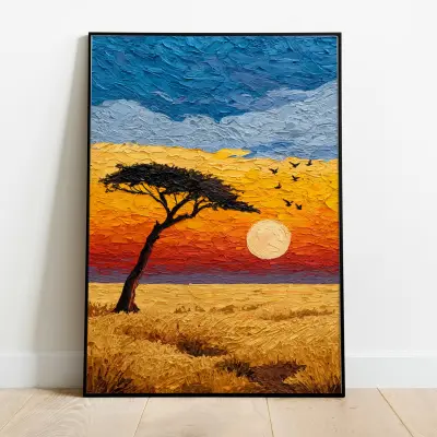 Acacia tree at sunset savanna landscape Africa art print impasto oil painting poster