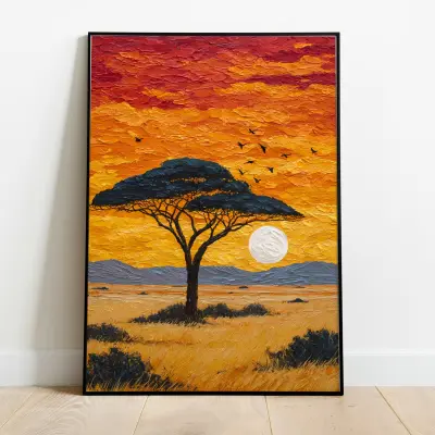 Art Print African Savannah Sunset Impasto Oil Painting Acacia Tree Wall Art