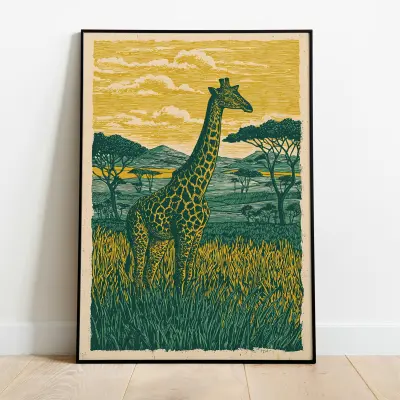 Linocut Print Poster African Giraffe Savannah Mustard Yellow Green