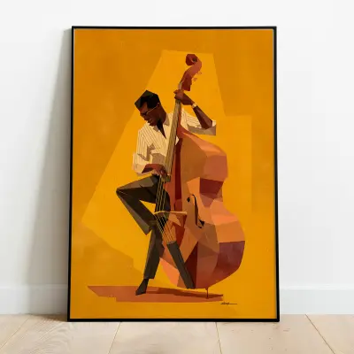 Jazz Bassist Art Print African American Musician Modern Mid Century Design Double Bass Poster