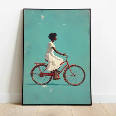 Art Print African Woman on Red Bicycle with Afro Hairstyle