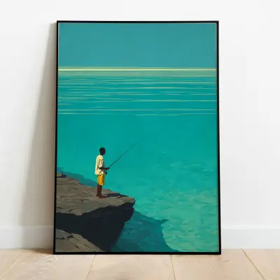 Poster Black Boy Fishing on Cliff Modern African Art Design
