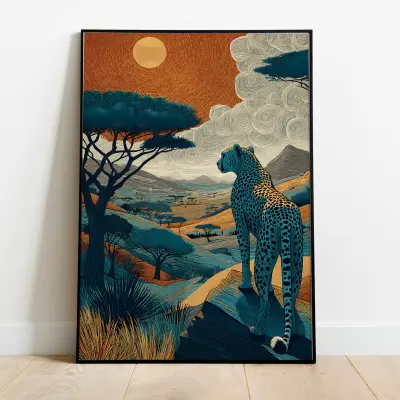 Linocut Art Print African Savannah Cheetah Wall Decor