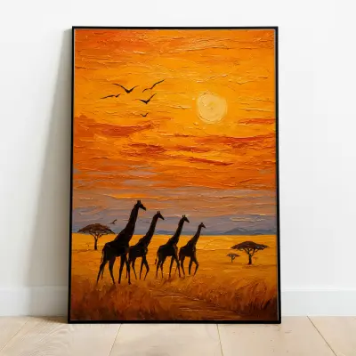 Art Print African Savannah Giraffe Herd Sunset Oil Painting Style Poster Landscape Wildlife Wall Art