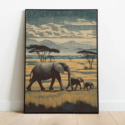 Art Print Poster Elephant Family Savannah Linocut Style Safari Animal Wall Art Africa