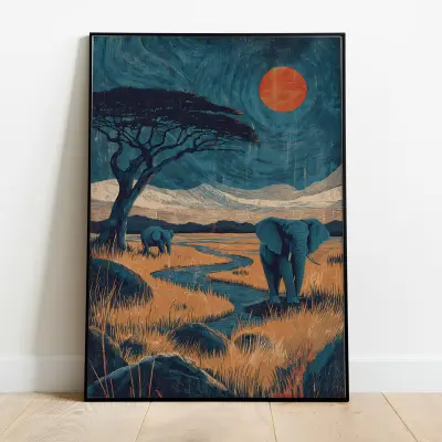 Elephant Art Print African Savannah Linocut