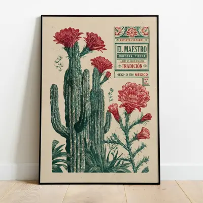 Poster Mexico Culture El Maestro Cactus Illustration Vintage Style