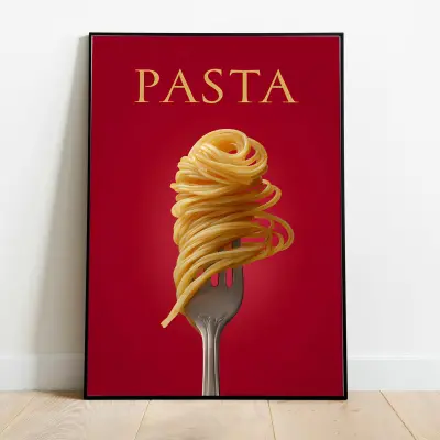 Fork with Noodles Art Print Vintage Pasta Poster on Red Background