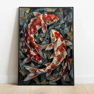 Art Print Picasso Style Cubism Japanese Fish White and Red Koi Wall Decor
