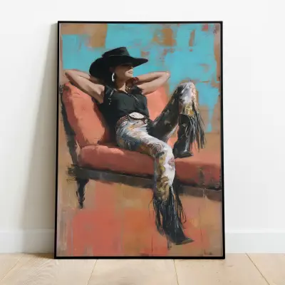 Art Print Cowgirl Lounging on Chaise Lounge Modern Oil Painting