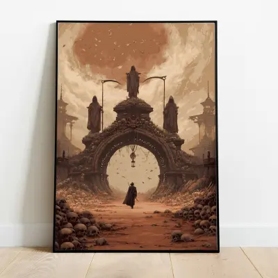 Gothic Bone Gateway Art Print Sepia Dark Fantasy Skeletal Figure Poster Painting