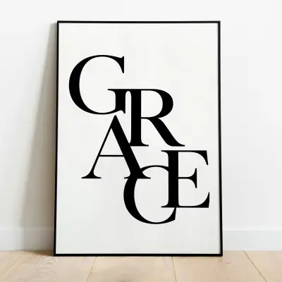 Minimalist Typography Poster Grace Vertically Stacked Letters in Black and White