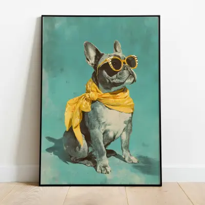French Bulldog Art Print Whimsical Retro Fashion Bulldog Vintage Style Illustration Poster