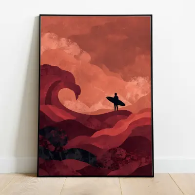 Fine Art Print Abstract Red Sunset Surfer Painting Japanese Wave Style