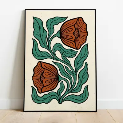 Botanical Art Print Three Abstract Flower Heads Modern Linocut Aesthetic