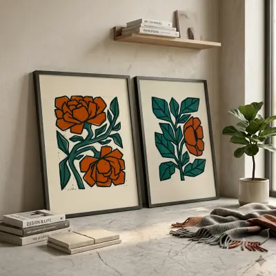 Set of 2 Boho Botanical Prints Burnt Orange Teal Mid Century Modern Art