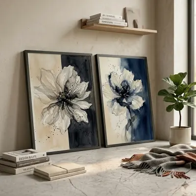 Set 2 Art Prints Abstract Flowers Cream Navy Blue Watercolor Posters Wall Decor