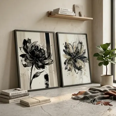 Set of 2 Blue and Black Watercolor Flower Art Prints