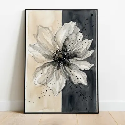 Abstract Watercolor Flower Print Set Off-White and Charcoal Two Pieces
