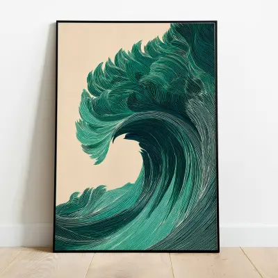 Abstract Art Print Japandi Green Waves Organic Forms Line Art Poster