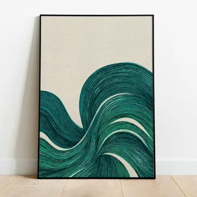 Art Print Abstract Waves Mid-Century Modern Style Emerald Green Teal