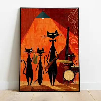 Mid Century Modern Cat Jazz Band Art Retro Music Poster