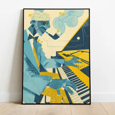 Art Print Jazz Pianist at Grand Piano Geometric Illustration Black Blue Yellow