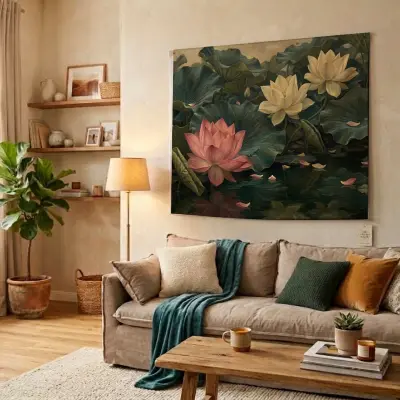 Wall Tapestry Lotus Pond Oil Painting Botanical Motif Vintage Style Fabric Hanging