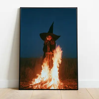 Poster Burning Witch Smoking Cigarette at Stake Evening Photography