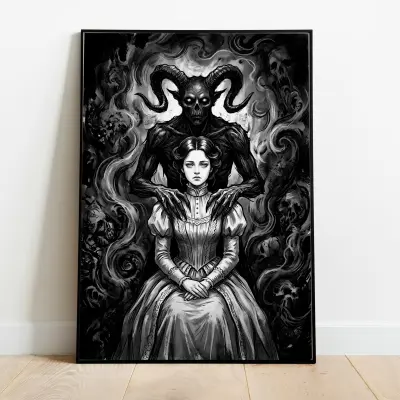 Gothic art print Victorian woman and horned demon monochrome illustration