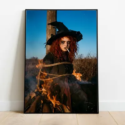 Art Print Burning Witch with Cigarette at Stake Gritty Film Photo