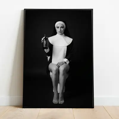 Art Print Nun on Toilet Black and White Photography Provocative Poster