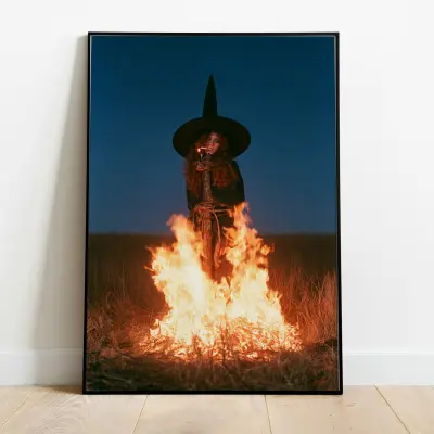 Poster Burning Witch Smoking Cigarette at Stake Evening Photography