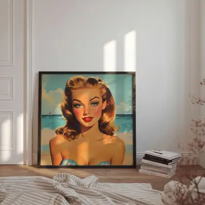 Vintage Beach Woman Advertisement Poster 60s Retro Mid-Century Wall Art Print