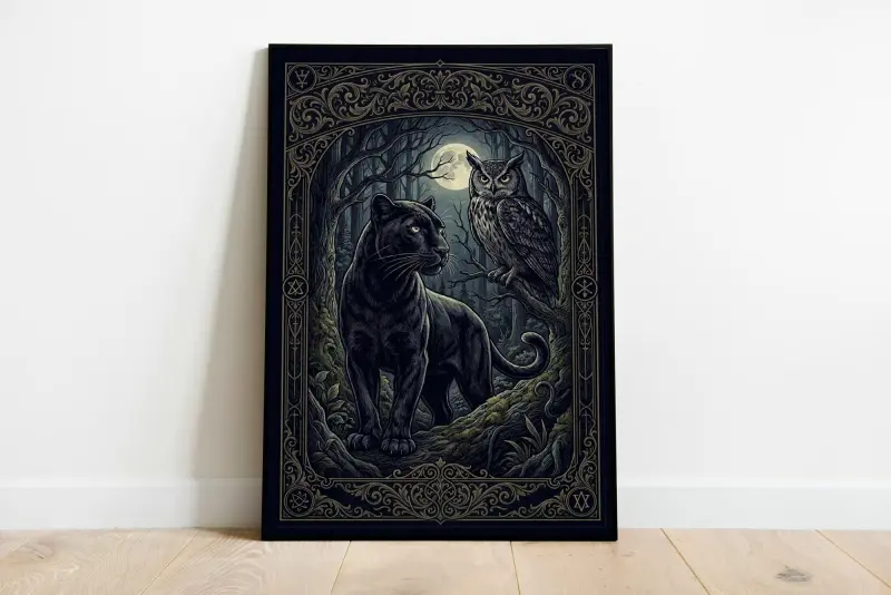 Antique Panther Lithograph Print, Gothic Oil Painting of Owl, Midnight Forest Art, Victorian Goth Decor