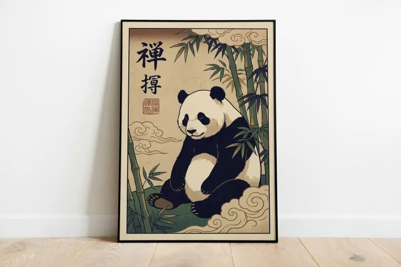 Ukiyo-e Panda Art Print, Framed Byakko Guardian Wall Art, Japanese Sumi-e Ink Wash Decor