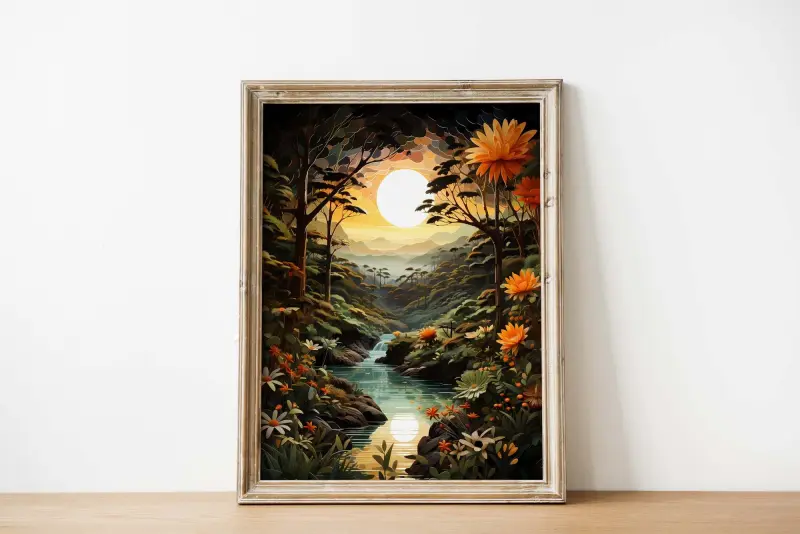 Rousseau Style Jungle Poster, Colourful Sunset Art Print, Large Naive Art for Living Room, Maximalist Gift A3