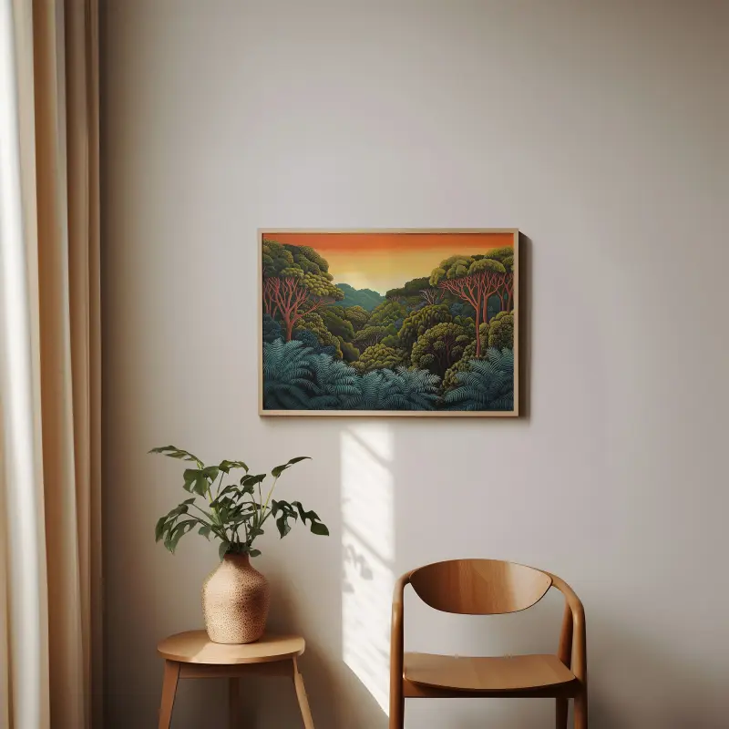 Henri Rousseau Inspired Painting, Primitivism Art Print, Dreamlike Forest for Dark Academia Decor, Vibrant Jungle Wall Art