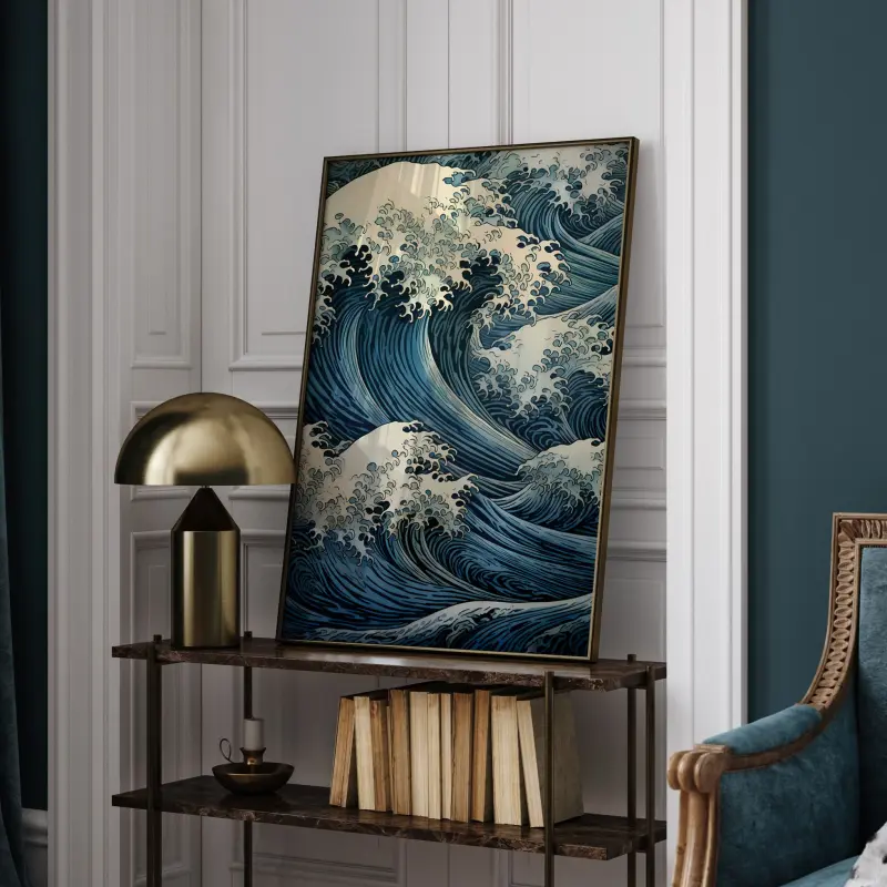 William Morris Wave Poster, Arts and Crafts Great Wave Wall Art, Teal Gold Seascape for Living Room