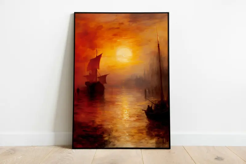 Turner Style Sunrise Canvas Print | Ethereal Coastal Painting with Dramatic Sky | Luminism Art Print