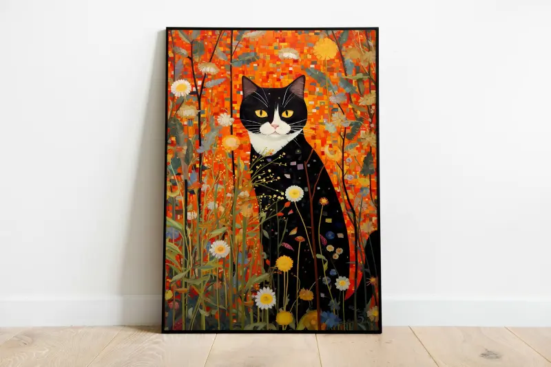 Klimt Style Cat Art Print in Flower Garden. Art Nouveau Wall Decor with Gold Accents. Gift for Cat Mom.