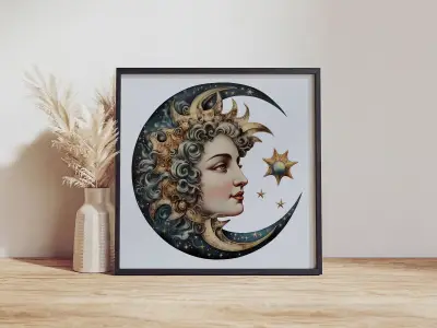 Antique Moon Face Art Print, Vintage Celestial Poster, Mystical Decor, Digital Download, Large Square Wall Art