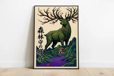 Shika Deer Poster, Japandi Stag Decor, Edo Period Ama Diver Art Print, Japanese Mythology Yokai Wall Decor