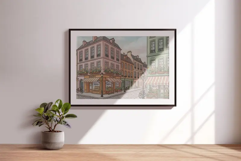 Black and White Paris Street Drawing, Montmartre Art Print, Minimalist Line Art French Architecture, Poster