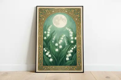 Mucha Inspired Lily of the Valley Print, Gothic Garden Wall Art, Emerald Green Lunar Art, Vintage Poison Garden